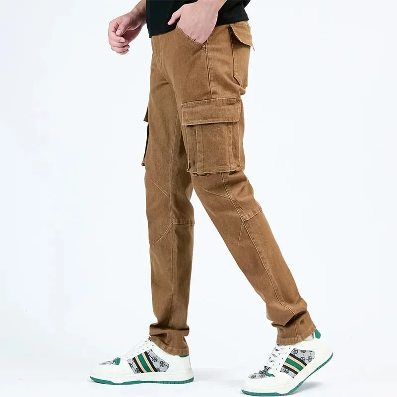 Men's Street Style Elastic Waist Denim Cargo Pants Solid Color Washed Slim Fit Casual Jeans with Multiple Pockets for Daily Wear — image 14