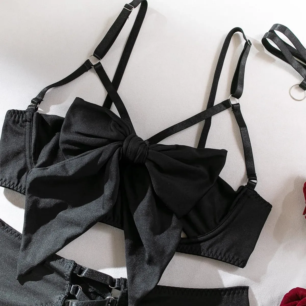 Sexy Hollow Out Bow Decor Lingerie Set Women Solid Exotic Apparel Suit Female Pure Desire Style Underwear with Garter and Gloves — image 5