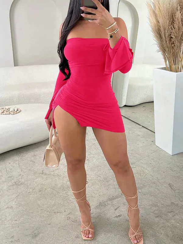 Women Strapless Backless Mini Dress For Women Black Off-shoulder Long Sleeve Bodycon Club Party Dress Clothes — image 5