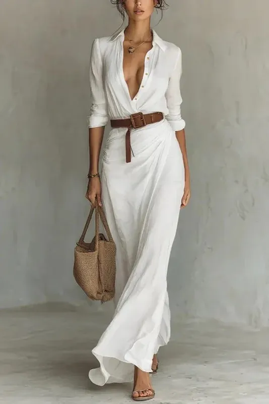 Damesmode effen vakantie feestjurk elegante revers knoop gedrapeerde lange jurk casual lange mouw match met riem shirtjurk — image 9