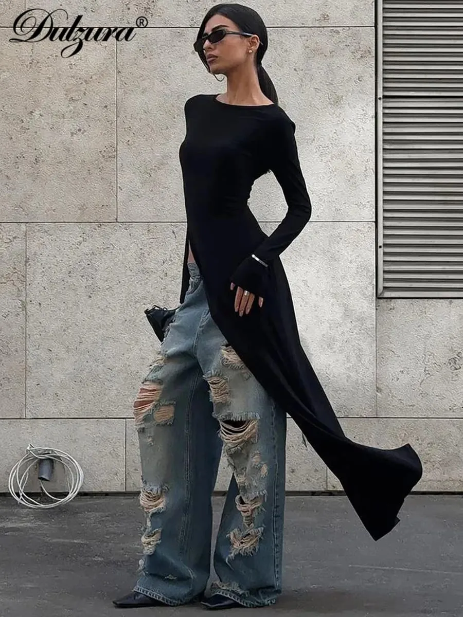 Dulzura Long Sleeves Side High Slit Maxi Dress Solid Sexy Long Dress Women’S Party Club Streetwear Autumn Winter Outfit — image 4