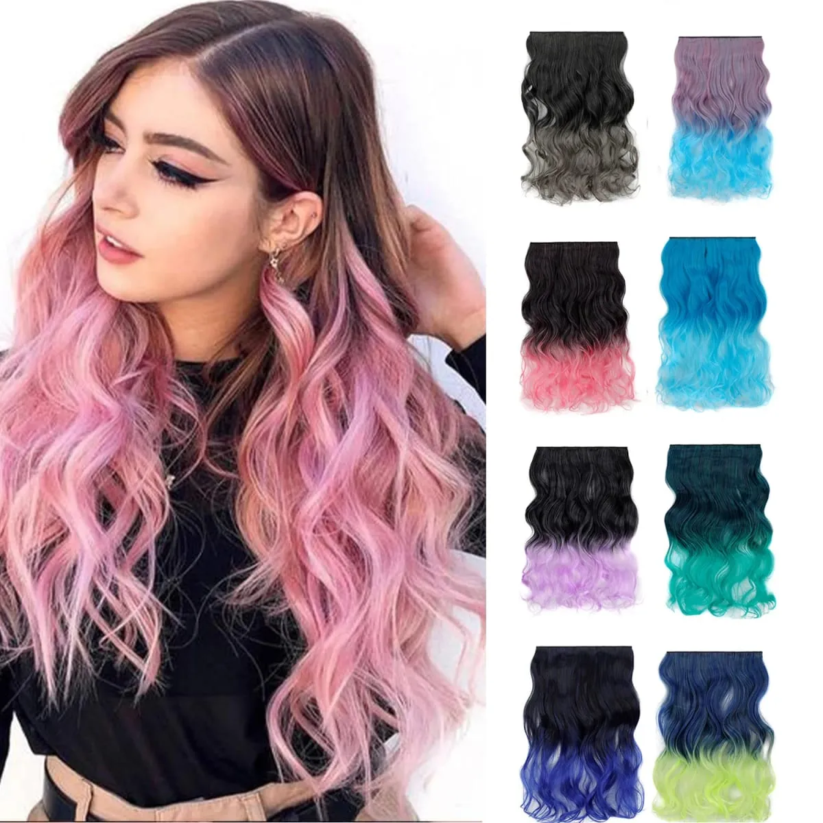 Jeedou One Piece 5 Clips Wavy Ombre Clip In Hair Extensions Long Water Wave Συνθετικά Σγουρά Μαλλιά Κομμάτι Rainbow Χρωματιστά Μαλλιά — image 1