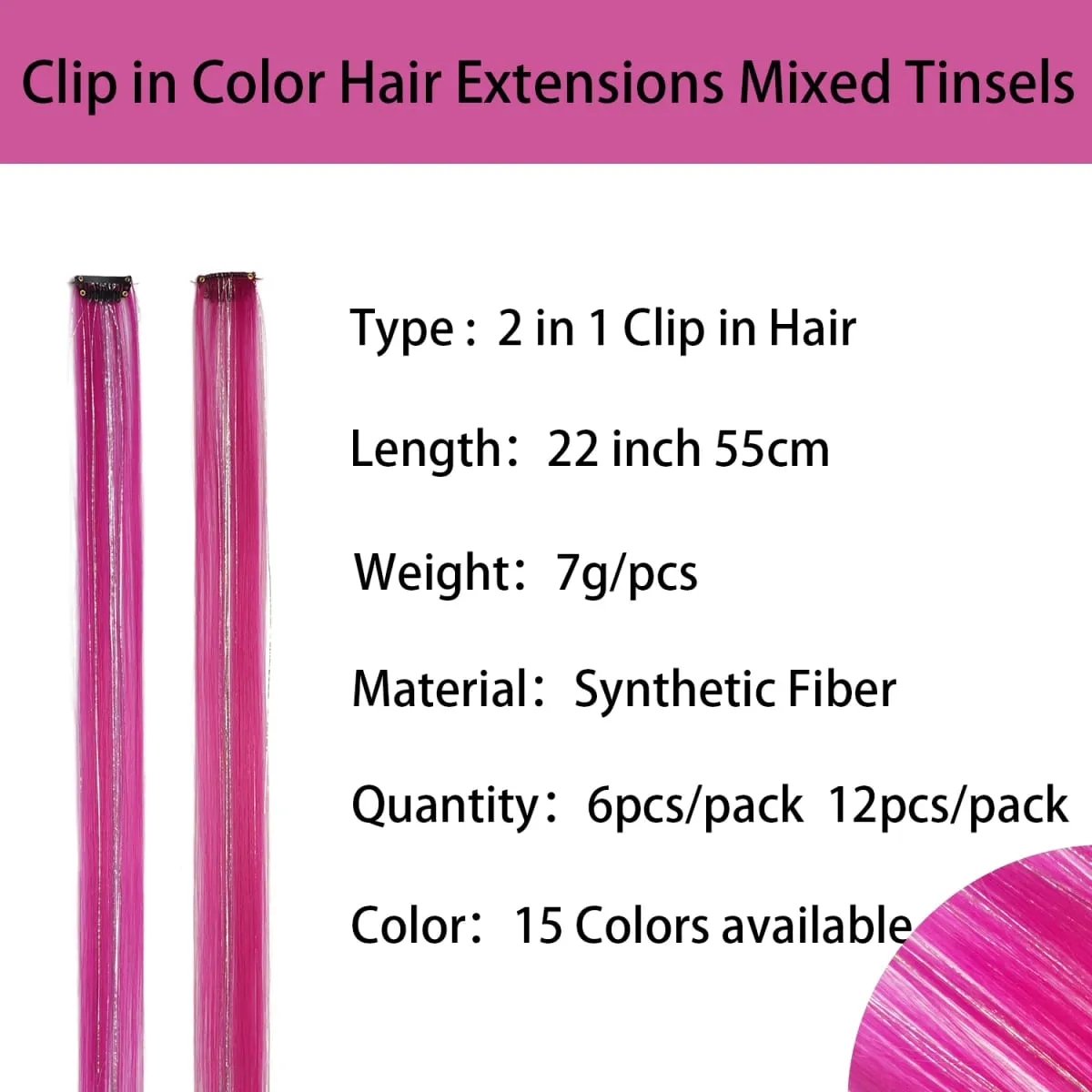 Colored Hair Extensions Mixed Silver Tinsels Synthetic Clip in Hair Rainbow Hairpiece Holiday Party Highlights for Women Girls — image 3