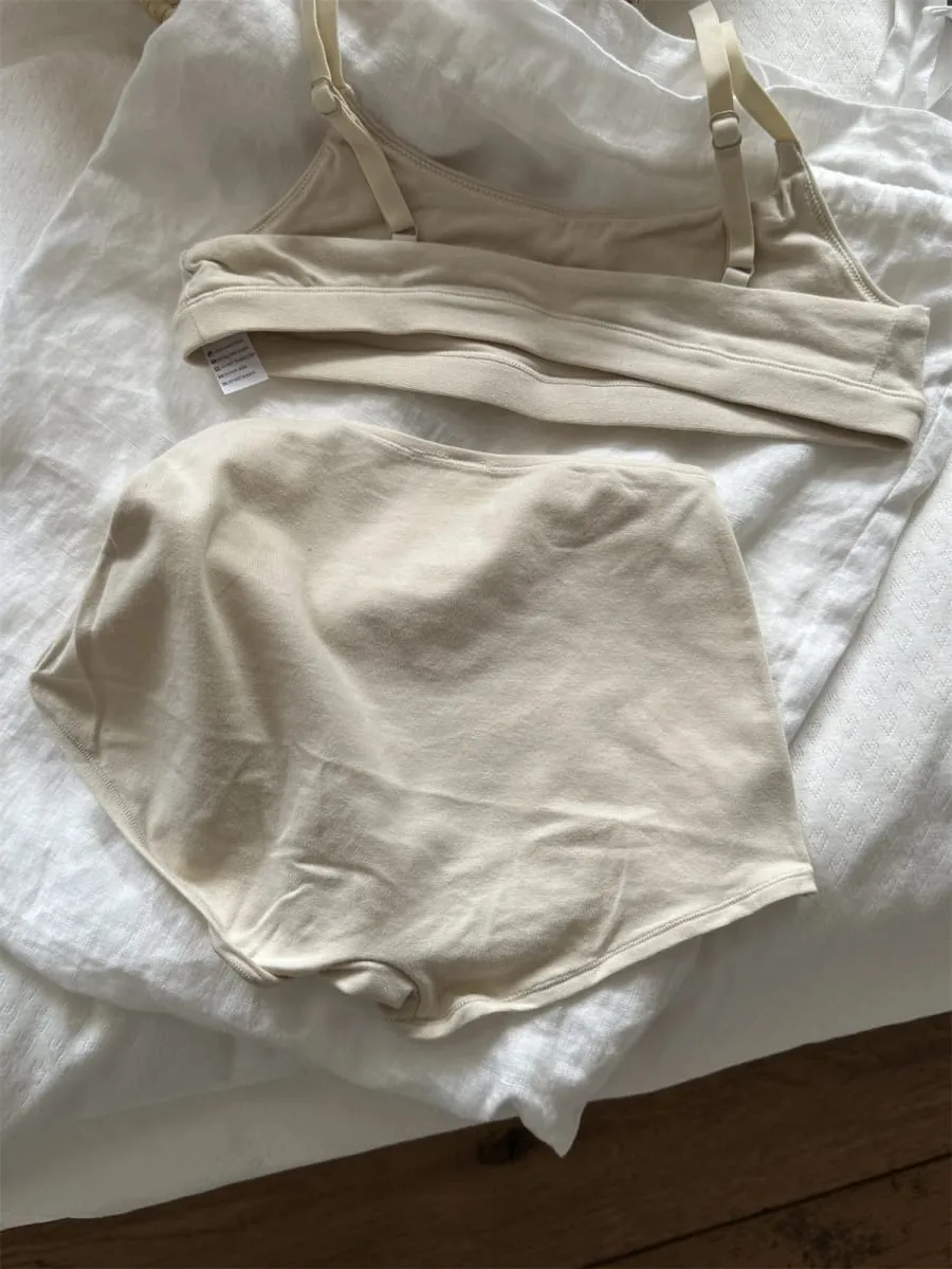 Vintage Cotton Thể Thao Bộ Áo Ngực Người Phụ Nữ Điều Chỉnh-Dây Đeo Áo Ngực Đúc + Eo Thấp Quần Sịp Boxer Chắc Chắn Đơn Giản Độ Đàn Hồi Cao bộ Đồ Lót Ren — image 2