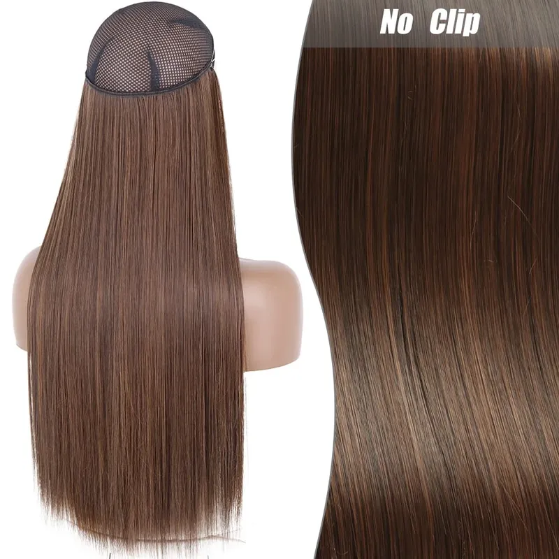 Synthetic Long Wavy No Clips Invisible Wire Hair Extensions Black Brown Blonde Fish Line False Hairpiece Piece — image 26