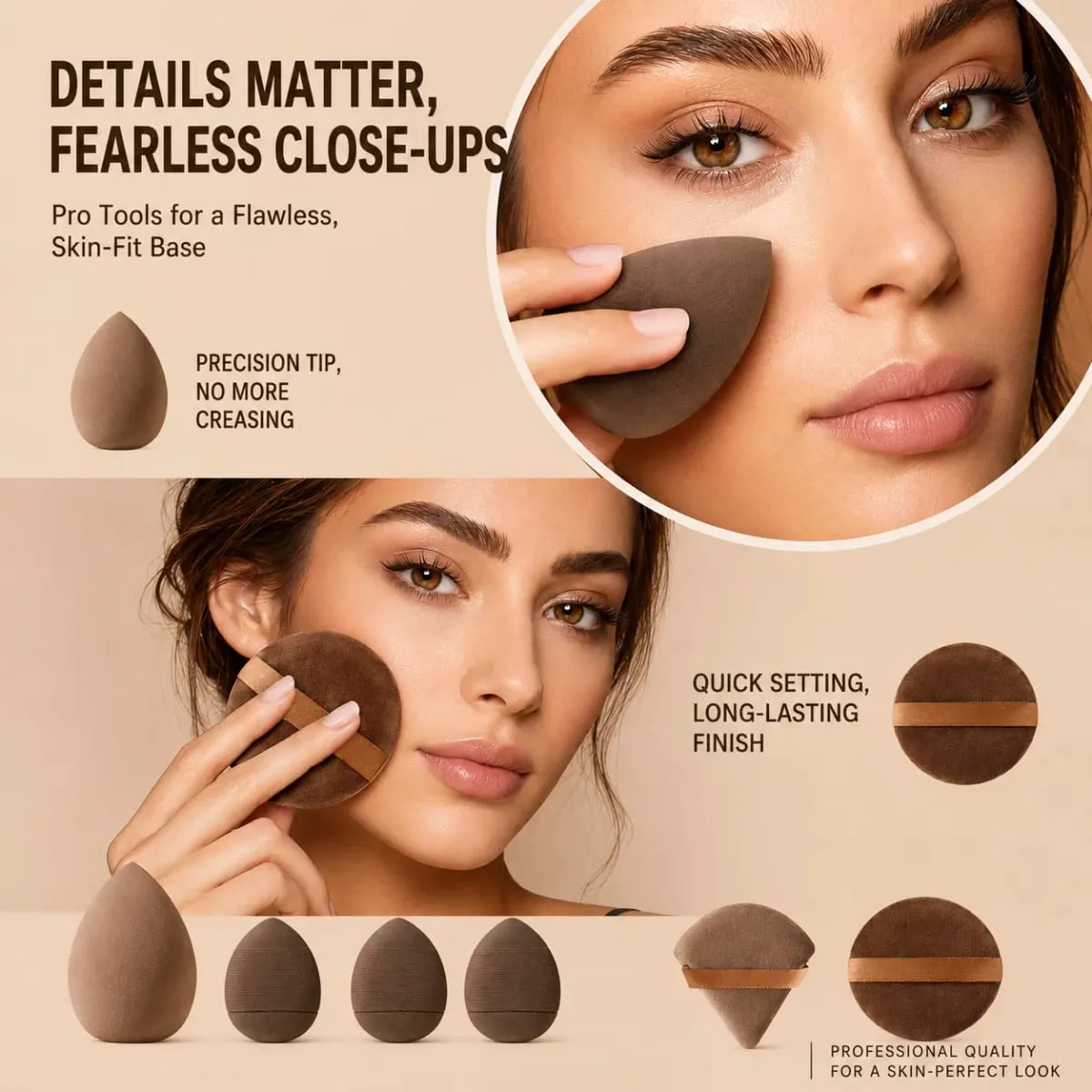 12-delat sminkborsteset med 6 platta och runda borstar och 6 svampar för Foundation Powder Blush och ögonskugga — image 6
