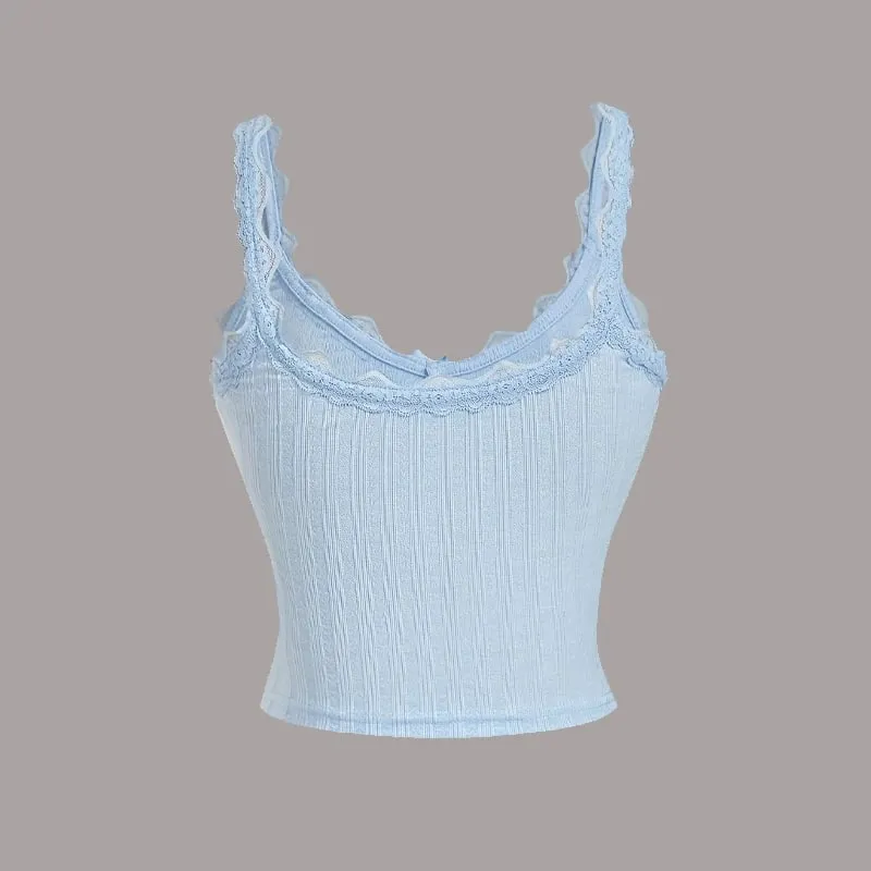 Women's Camisole Ribbed Lace Patchwork Crop Top Y2k E Girls Clothes Fairy Grunge Style Cropped Tees Cami Ribbed Knitted Tank Top — image 6