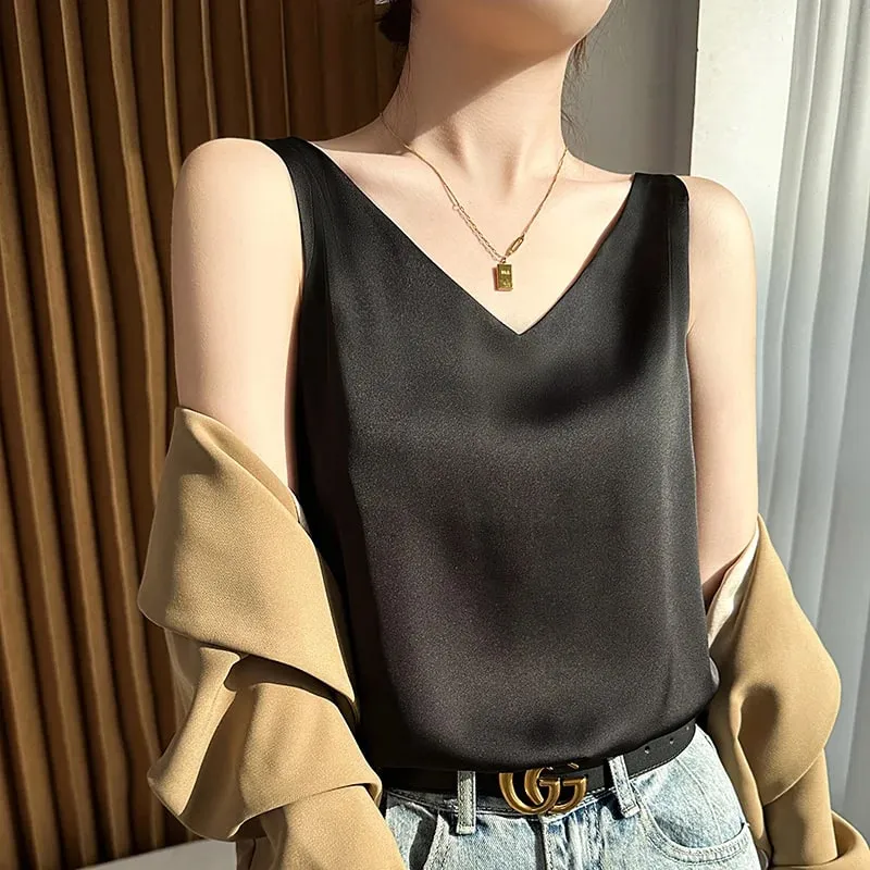 Silk Satin Women Double Shoulder Camisole Tank Top V-neck Sleeveless Top T-shirt Elegant Crop Top Solid Casual Basic 2025 Summer