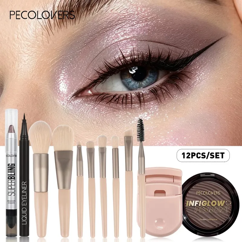 12pcs Eye Makeup Collection Shimmer Eye Shadow Liquid Eyeliner Soft Eye Makeup Brushes Daily Eye Beauty Cosmetic Set — image 3