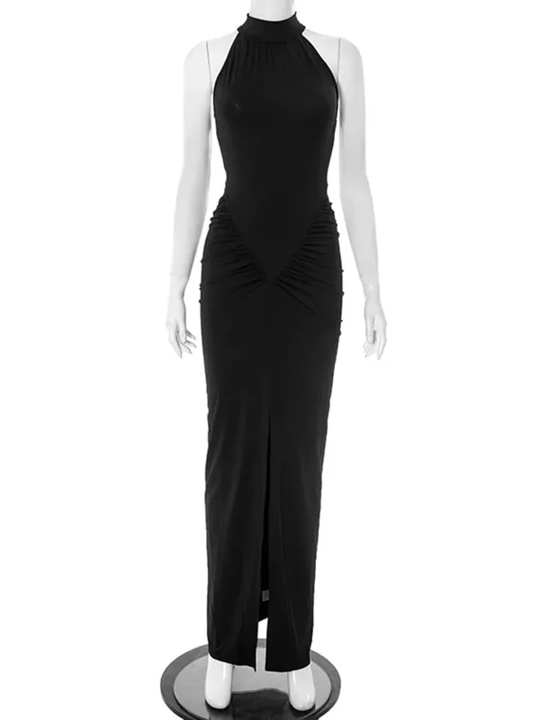 Sleeveless Halter Ruched Maxi Dress For Women Sexy Slit Solid Bodycon Dress High Street Female Evening Party Long Dress — image 8