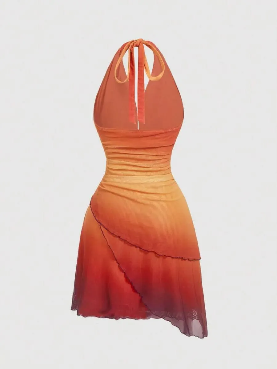 Vestido de alça espaguete assimétrico com gravata borboleta gradiente — image 3