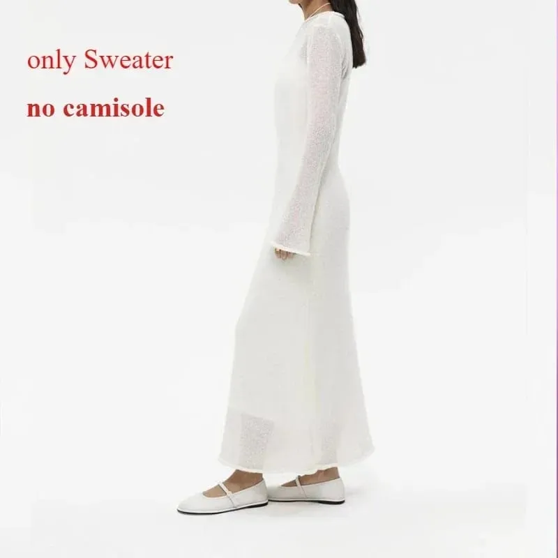 Spring Autumn O-Neck Elastic Knit Long Dresses Women 2024 Elegant Chic Soft Lady Hollowing Sweater Dresses Femme New — image 9