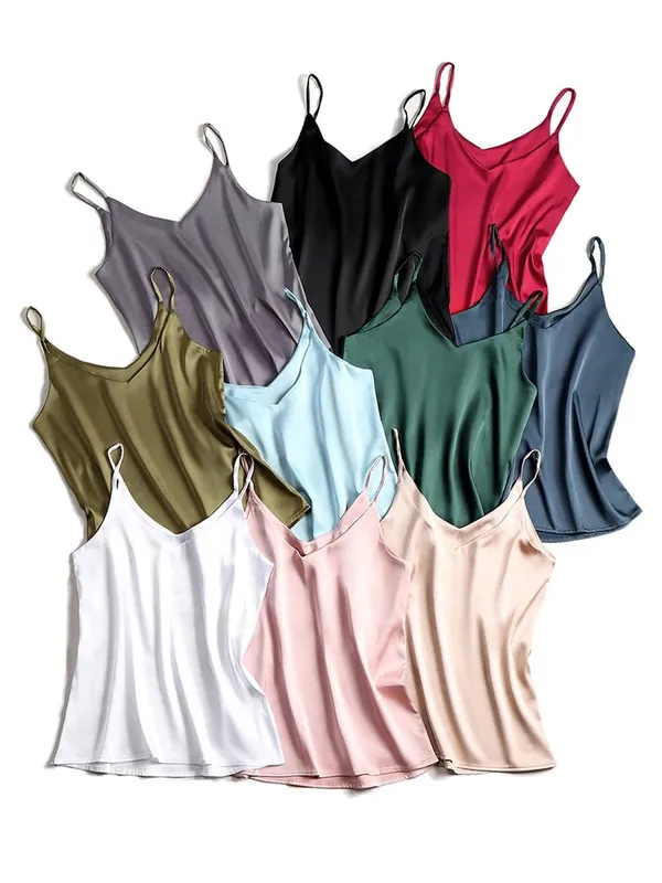 2026 Spaghetti Strap Top Women Halter V Neck Basic White Cami Sleeveless Satin Silk Tank Tops Women'S Summer Camisole — image 20