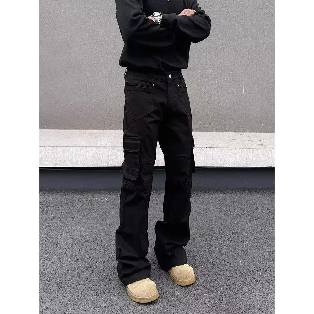American style Vibe retro heavy industry multi pocket splicing workwear jeans men's straight tube micro flared slim fit long pan — image 4