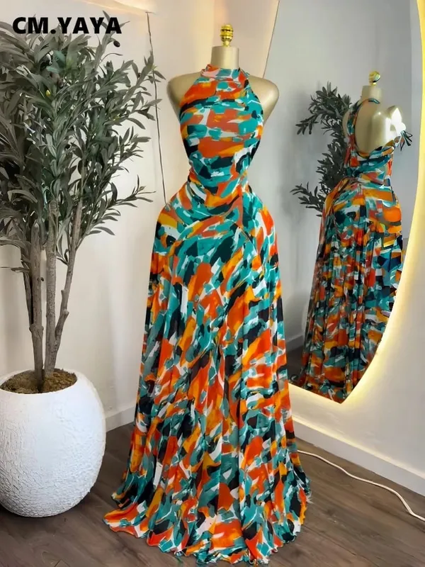 Kvinder trykt ærmeløs med bindepasform og flare A-line Maxikjole 2026 Streetwear Strandferie Lange kjoler Vestido — image 7