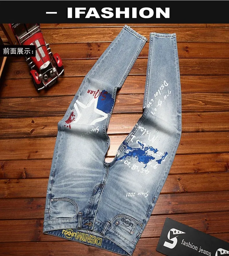 Fashionable printed jeans for men retro blue elastic slim fit small feet street fashion high-end denim casual pants — image 7