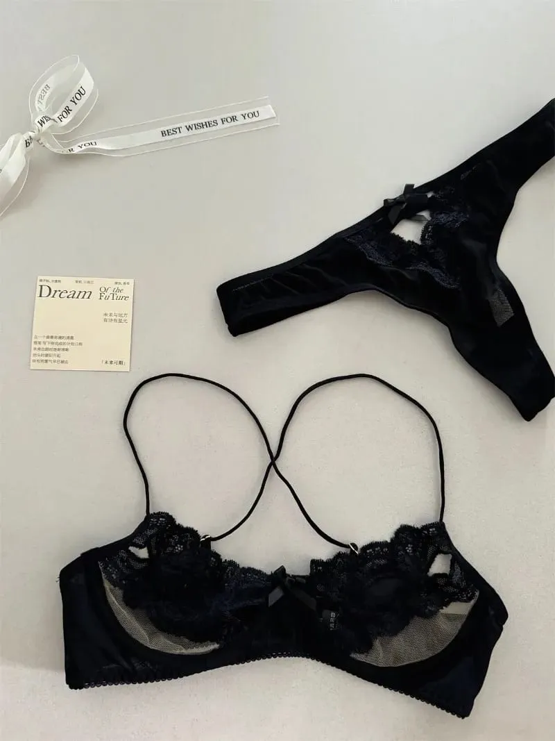 French Bra Underwear Set Hollowed Out Gather Bow Lace Half Cup Bra Women Sexy Lingerie Ultrathin Temptation Erotic Hot Outfits — image 2