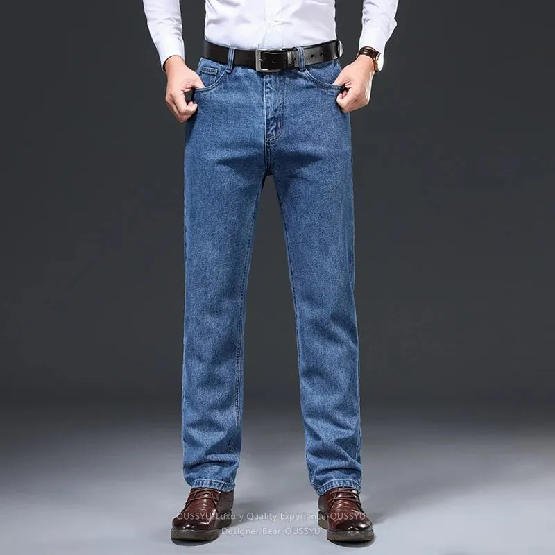 Luxury Quality Autumn Winter 100%Cotton Men's Jeans Business Denim Pants Straight High Waist Father Trouser Male Plus Size 40 42