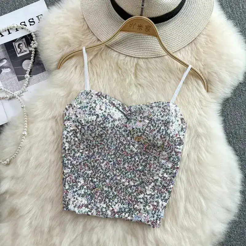 Sexy Sequin Party spaghetti Croset Bustier backless Slim Tanks and Camis Strap Glitter Crop Top Fashion Summer Women Clothes Y2k — image 4