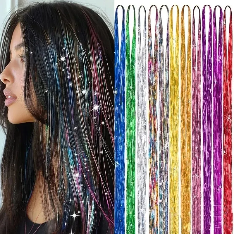 Extensions capillaires synthétiques brillantes de couleur arc-en-ciel, 90cm, 3 pièces/ensemble, guirlandes Laser longues et lisses, résistantes à la chaleur, Extensions de cheveux féeriques, fête quotidienne