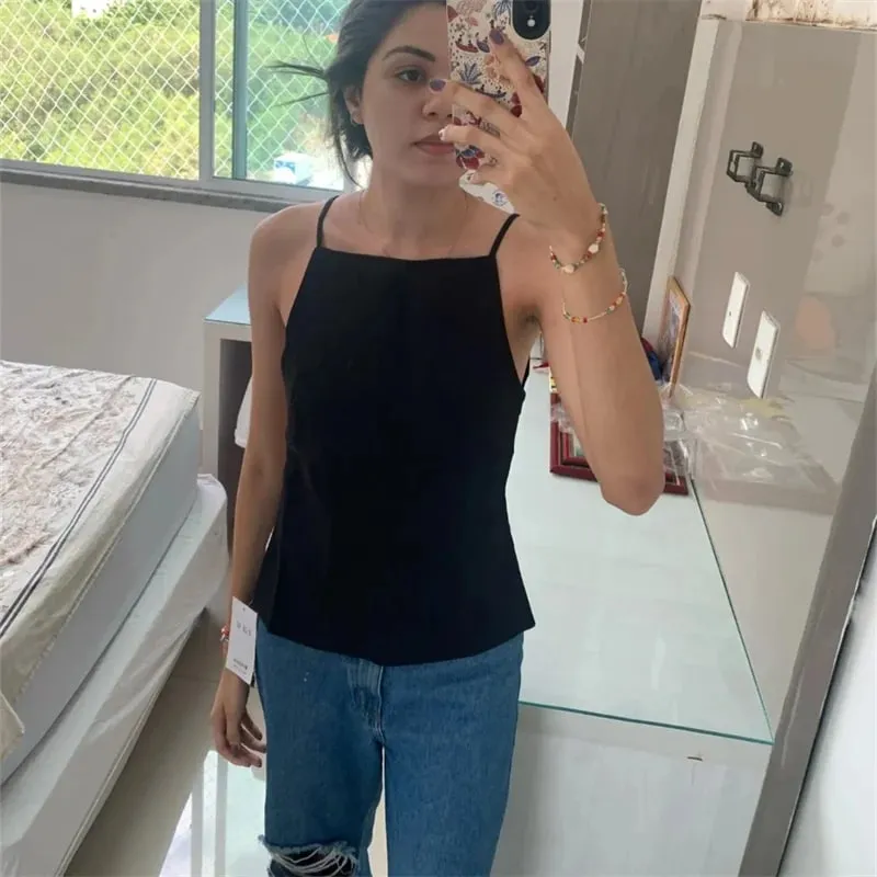 2025 Black Backless Top Female White Sleeveless Crop Top With Straps Summer Sexy Tops Woman Party Women's Evening Top