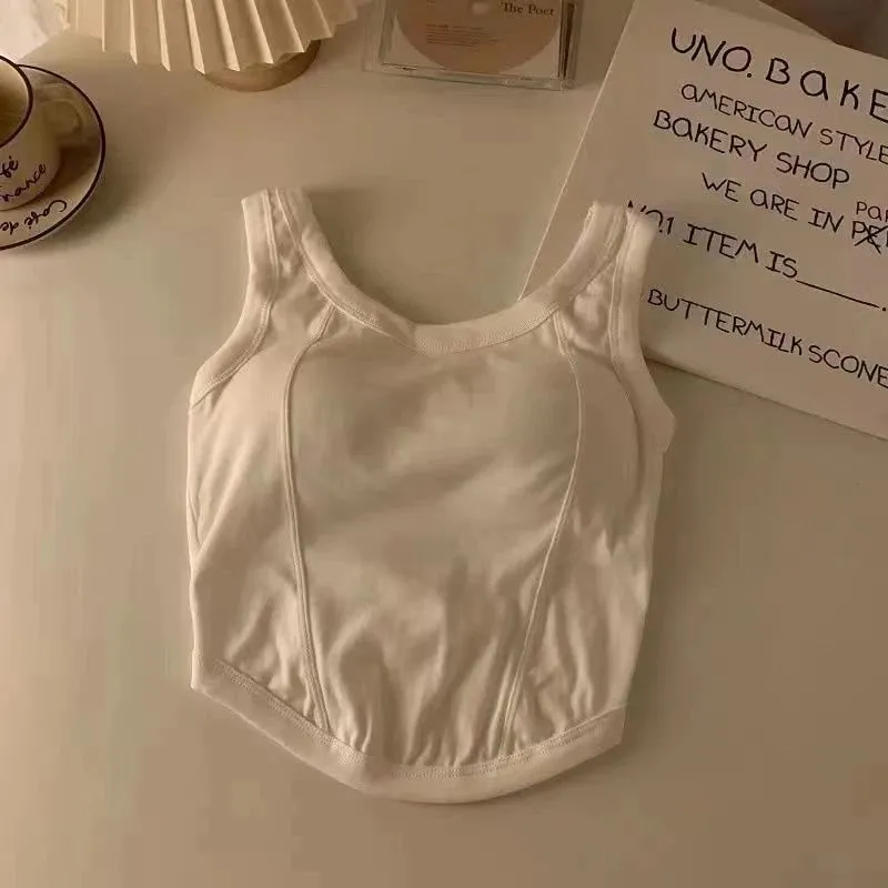 Women Solid Tank Tops With Bra Pad Sports Crop Tops Knit Irregular Hem Camis Tops For Women — image 8