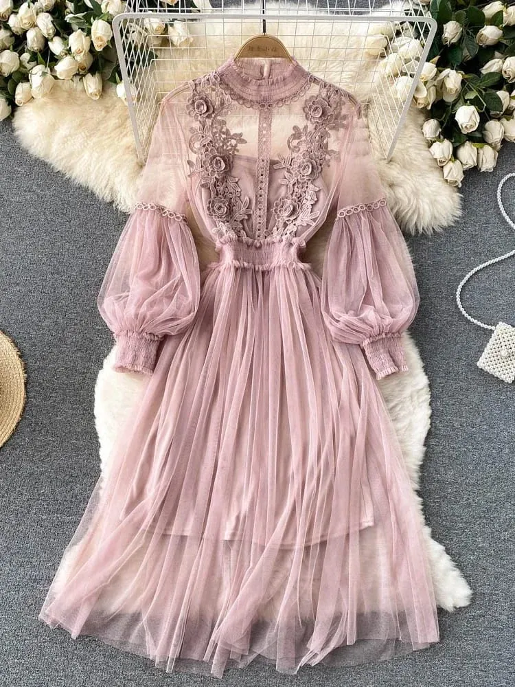 Ladies Dress Three-dimensional Flower Hook Mesh Temperament Stand Collar Lantern Sleeve High Waist Slim Female Dresses — image 2