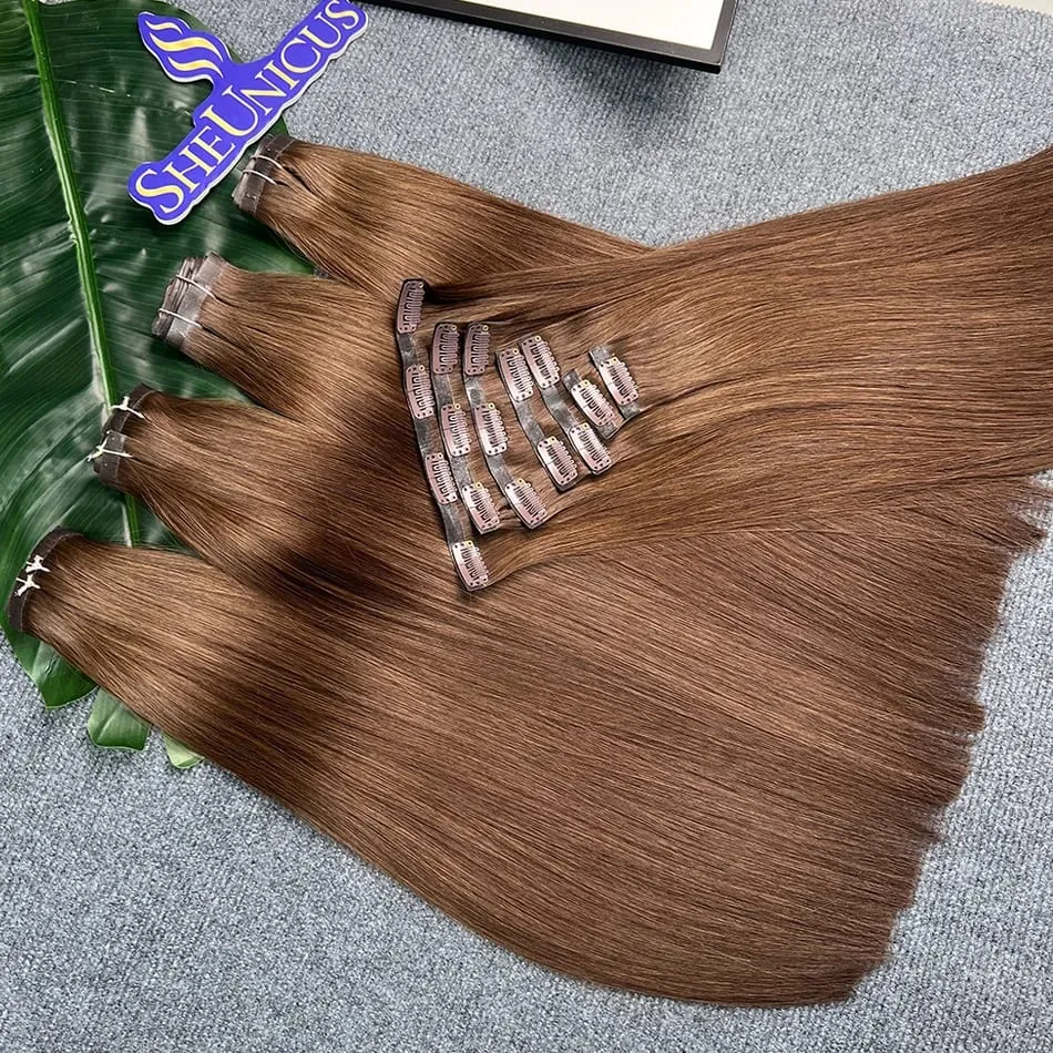 #2 اللون مستقيم بولي Clip Ins وصلات شعر 100% شعر بشري 100 جرام/مجموعة 7 قطعة سلس غير مرئي PU لحمة فيتنام الشعر للنساء — image 5