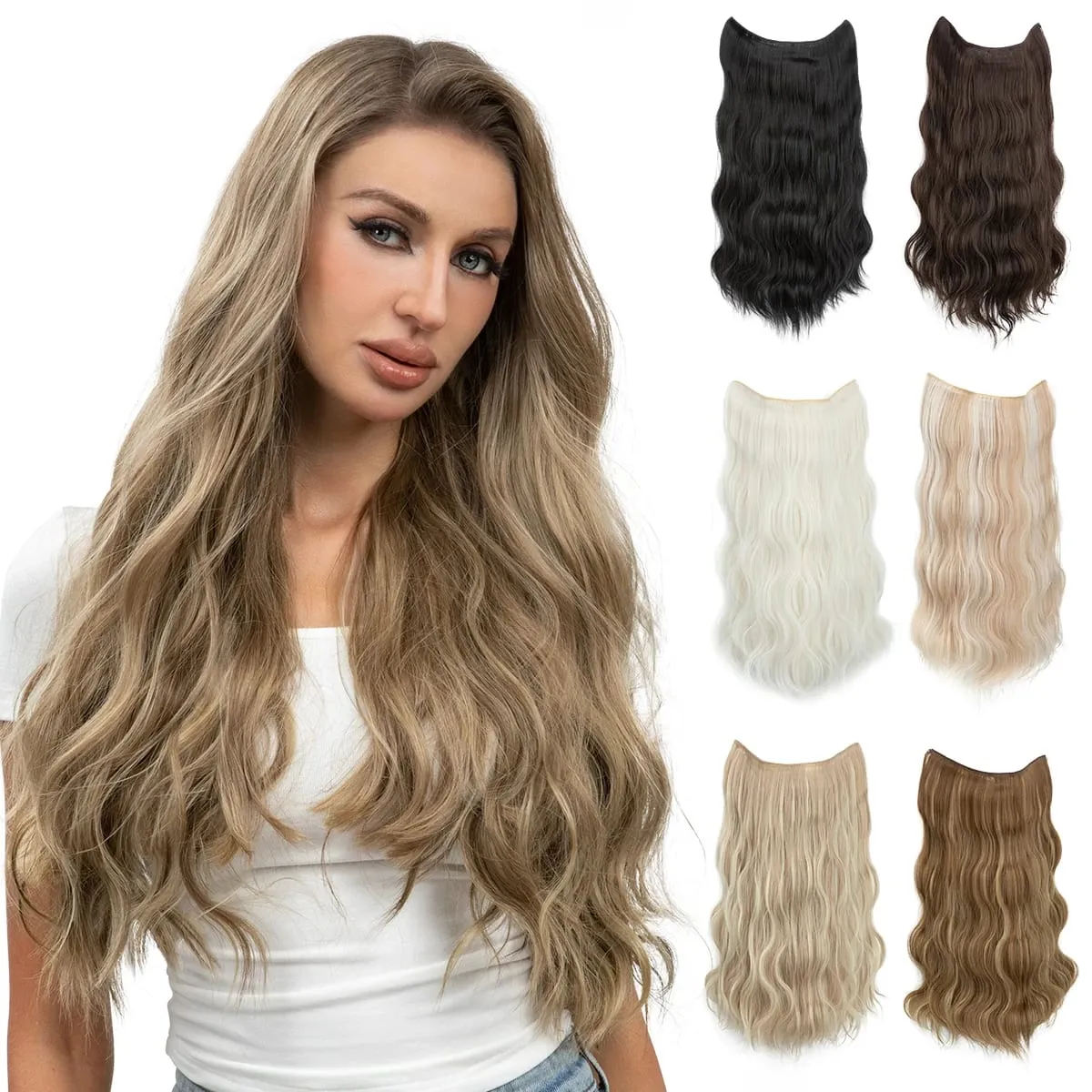 Synthetic Wave Invisible Clip in Hair Extensions Fish Line Ombre One Piece Natural Hairpiece Fake Blonde Hair Piece — image 2