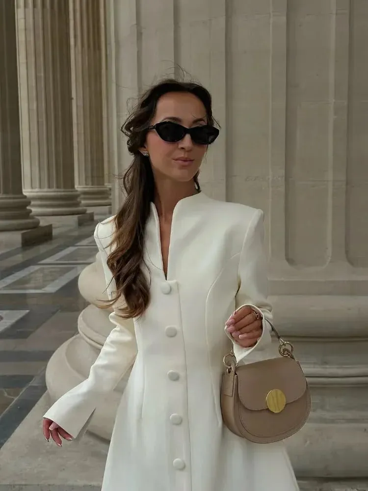 Mini vestido liso de corte en A con una hilera de botones, Vestidos elegantes de cintura alta con cuello en V y manga larga para mujer, Vestidos de calle para ir al trabajo 2026