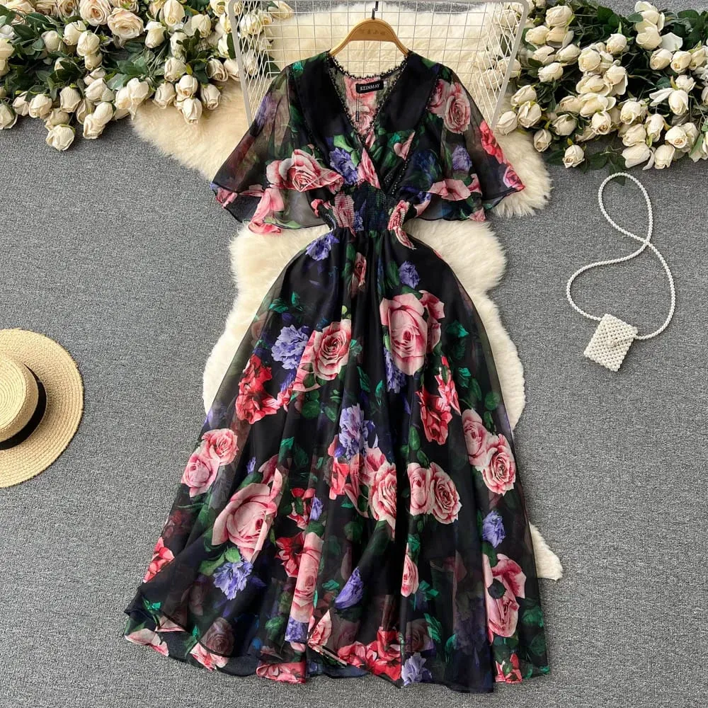 Retro Print Elegant Ruffle Short Sleeve V Neck Dress A-line Casual High Waist Women Summer Dresses — image 1