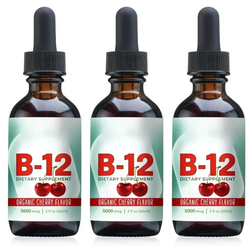 Vitamin B12 Methylcobalamin Liquid Drops 5000 mcg třešňová příchuť 2 fl oz 60 porcí Veganský denní doplněk bez cukru