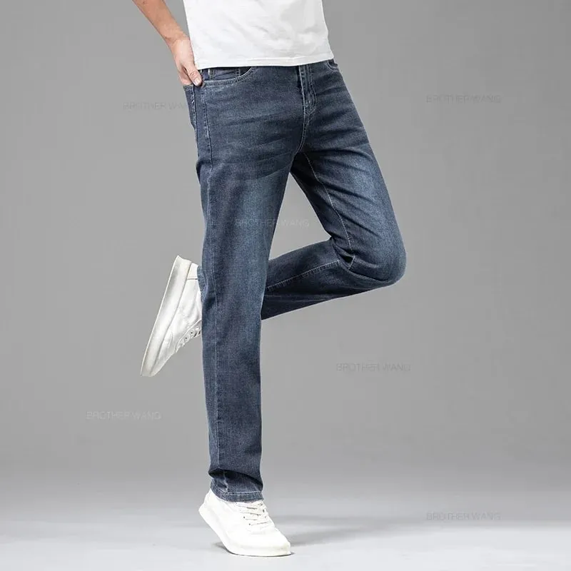 Summer Thin Men's Elastic Cotton Jeans Fashion Gray Comfortable Business Straight Casual Pants Brand Male Clothes Trousers — image 5