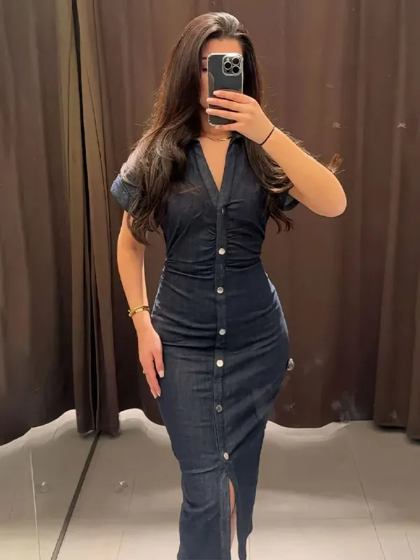 White Single Breasted Denim Dress Elegant Short Sleeve Lapel Bodycon Women's Dresses 2026 Summer Lady Chic Commute Street Robes — image 9