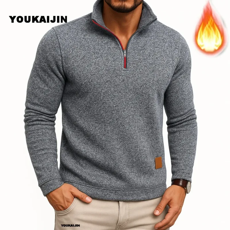 Moletom masculino primavera mais grosso pulôver quarto zíper pulôver para masculino com capuz ao ar livre sweatshir outono cor sólida gola alta — image 10