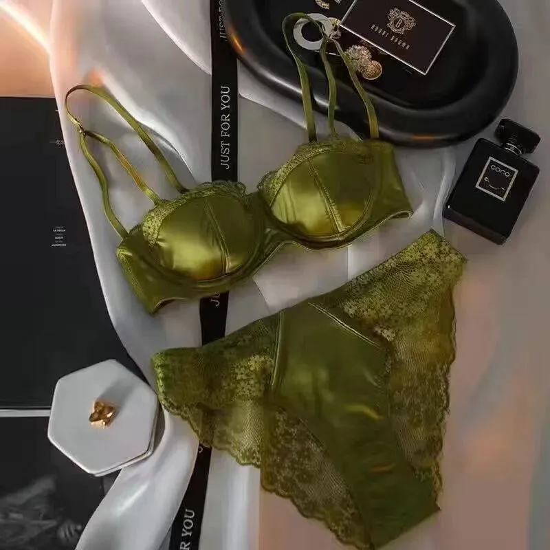 Europäisch-amerikanisches sexy Satin-Halbschalen-Unterwäscheset mit bequemer oberer Stützung, dünn, mit glänzendem Stahlring und grünem Spitzenrand — image 8