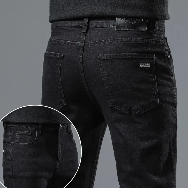 Black Gray Men's Classic Straight Stretch Jeans Autumn Business Casual Comfortable Regular Fit Denim Pants Male Trousers