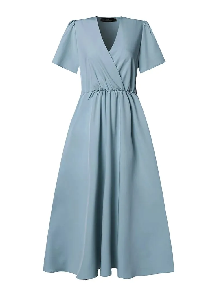 2024 Elegant Short Sleeve A-line Dresses Women Fashion Solid Color Holiday Belted Vestidos Casual V Neck Midi Sundress — image 4