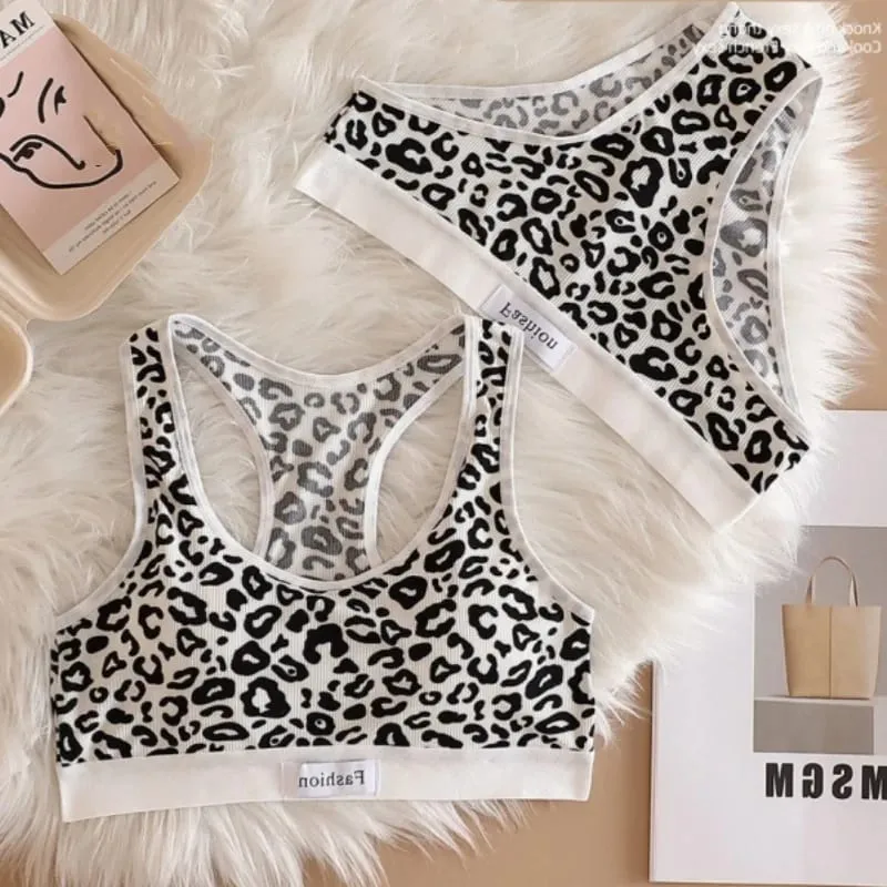 Set Bra Mulus Bra Nirkabel Bentuk Y Macan Tutul Wanita Celana Dalam Pinggang Rendah Pakaian Dalam Seksi Set Pakaian Dalam Wanita Bra Olahraga — image 11