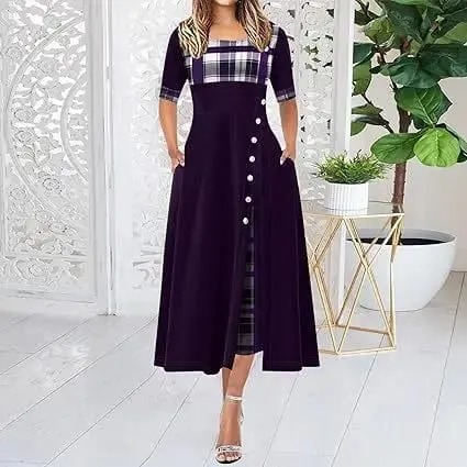 Women's Irregular Lattice Patchwork Long Dresses Vintage Buttons O Neck Half Sleeves Casual Lady Commuting Dress Fashion — image 8