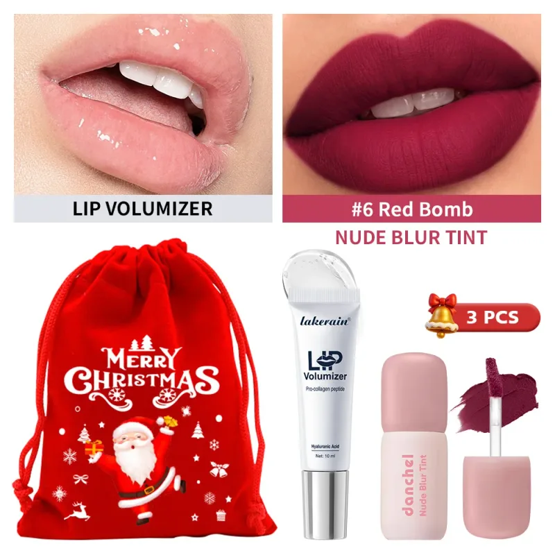 3 Pcs Christmas Lip Set Lip Volumizer Serum & Nude Blur Lip Tint Moisturizing Plumping Long Lasting Matte Lip Makeup Holiday Kit
