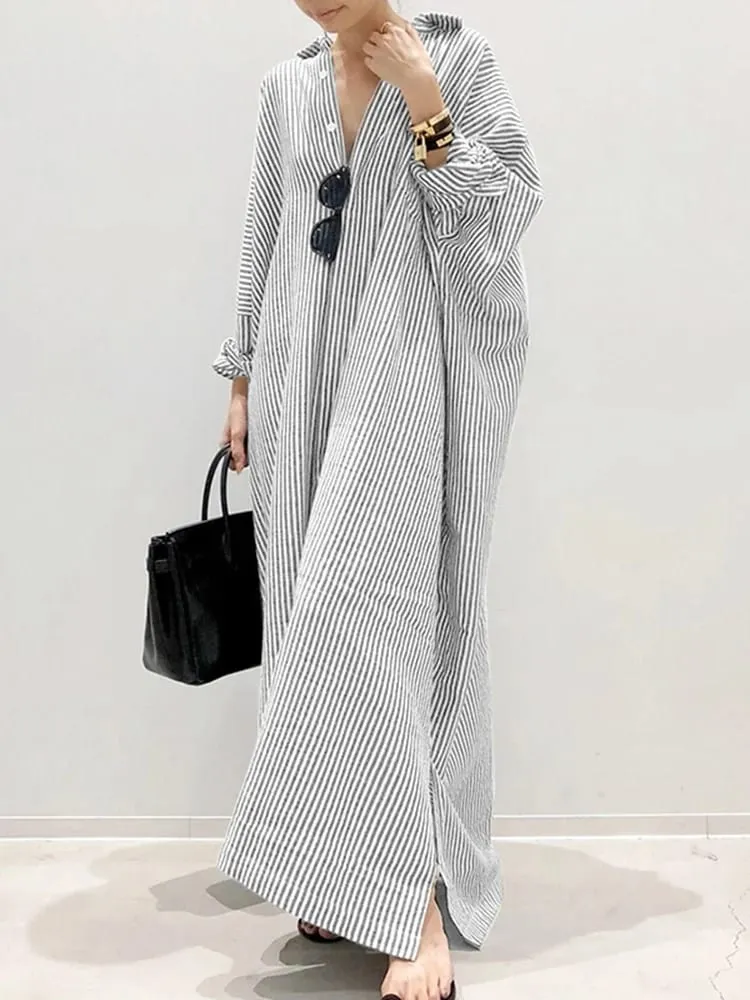 2025 Stripe Printed Beach Party Sundress ZANZEA Spring Fall Bohemian Women Long Sleeve Lapel Dress Fashion Casual Loose Vestidos
