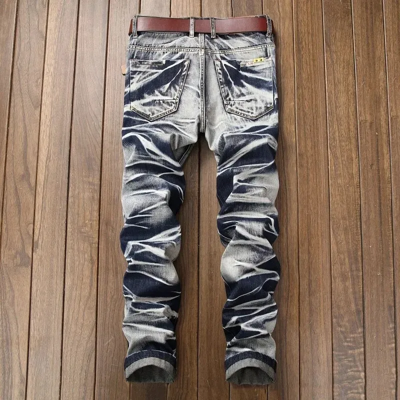 Jeans Men Vintage Distressed Pencil Pants Mid Waist Zipper Pockets Slim Ankle Length Trousers Straight Denims 2024 Streetwear — image 8