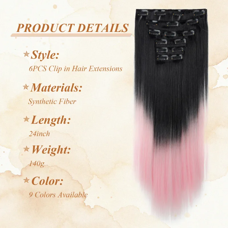 6 ks 24palcových Ombre Color Clip-in prodloužení vlasů Dlouhé syntetické rovné příčesky Vrstvené měkké neviditelné Clip In prodloužení — image 2