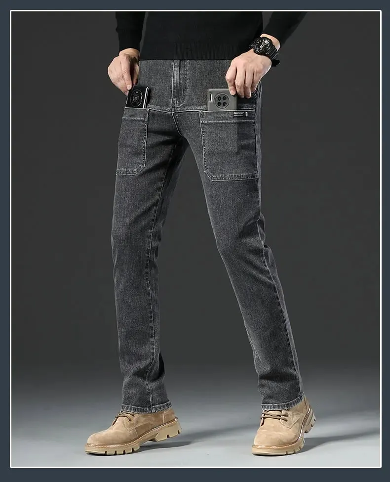 6 Pocket Design Denim Jeans Men's 2025 New High Elasticity Denim Casual Trousers Straight Male Pants Fashion Mid-waist Jeans — image 10