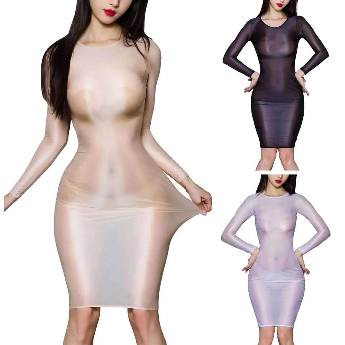 Women Sheer See-Through Bodycon Dress Glossy Long Sleeve High Stretch Skinny Mini Dress Tempting Lingerie Club Rave Party Wear — image 1