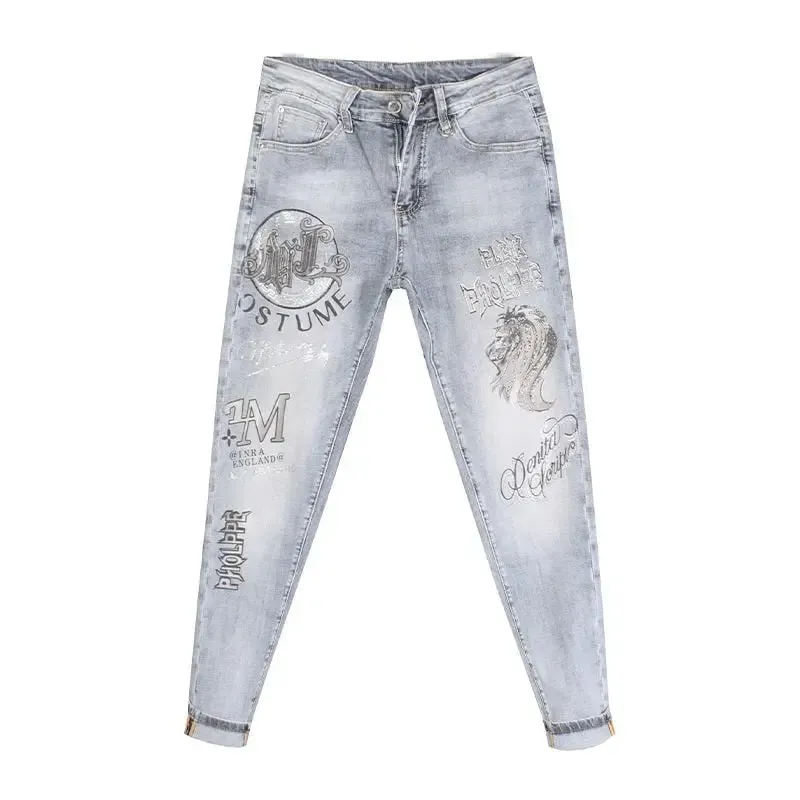 New Slim Fit Casual Jeans with Heavy Duty Ironing Drills Prints Branded Korean Style Clothes for Men Streetwear Washed Jeans — image 5
