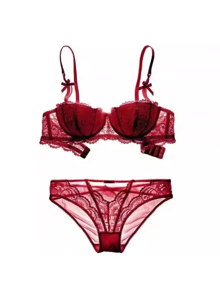 French Lace Half-Cup Bra Ultra-Thin Compact Small Bras Kawaii Lingerie Sexy Push Up Japanese Style Minimalist Design for Women — image 1