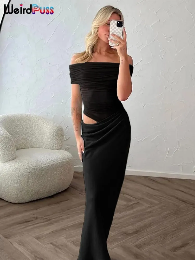 Weird Puss Ruched Irregular Dress Women Mesh Patchwork Slash Neck Short Sleeve Skinny Stretch Trend Elegant Long Bodycon Outfits — image 2