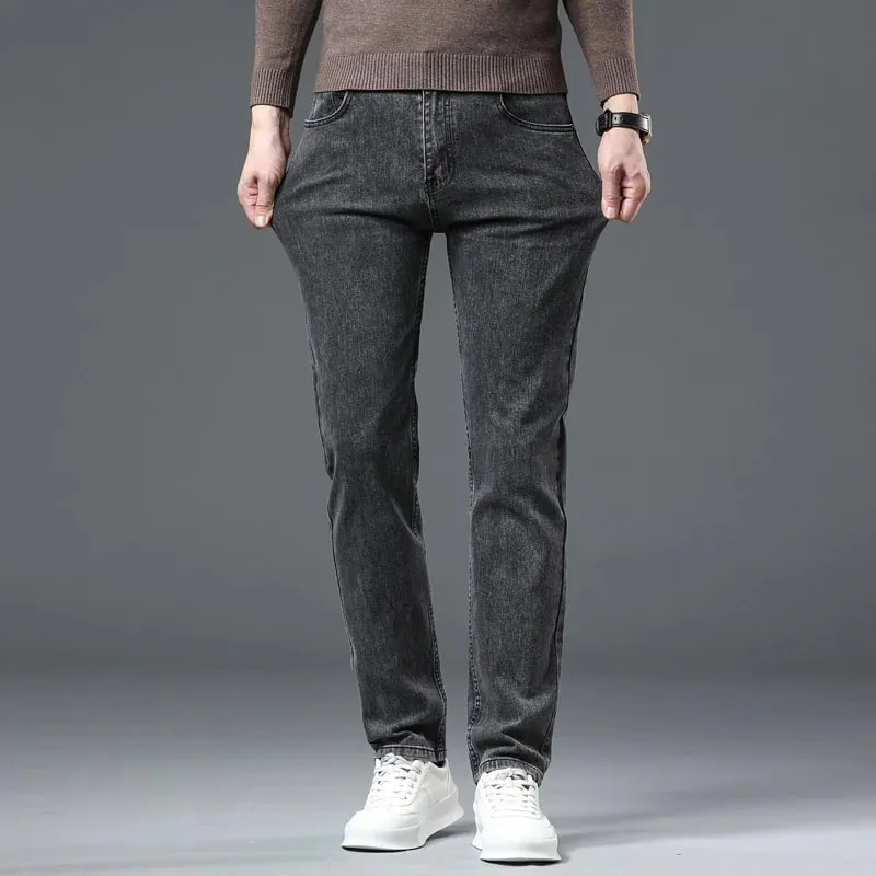 Black Gray Men's Classic Straight Stretch Jeans Autumn Business Casual Comfortable Regular Fit Denim Pants Male Trousers — image 3